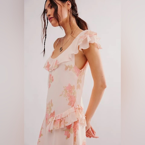 Free People Alma Midi Floral Asymmetrical Dress in Cream and Pink - Picture 1 of 11